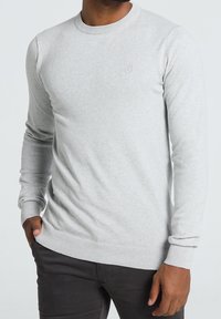 Pull gris clair en tissu doux et texturé. Présente un col rond et des poignets côtelés. Petit logo sur la poitrine.