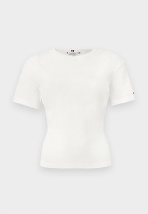 White fitted short-sleeve T-shirt with crew neck and small logo detail on left sleeve, displayed against a light background.