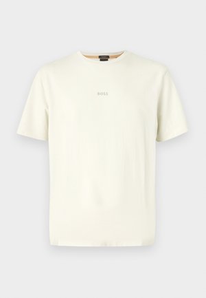 Cremfarbendes T-Shirt mit kurzen Ärmeln aus Baumwolle, mit Rundhalsausschnitt und dem Aufdruck "BOSS" in einem dezenten Grau auf der Vorderseite.