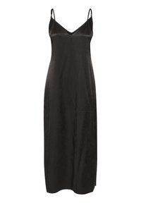 Robe nuisette en satin noir avec des bretelles spaghetti, décolleté en V et coupe droite. Texture lisse avec un léger éclat, descendant jusqu'au mollet.