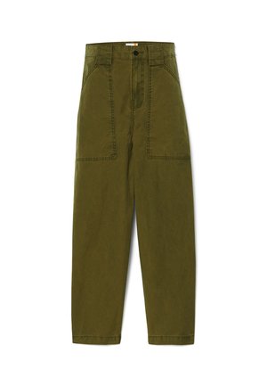 Olive green cotton trousers with a high waist, two front pockets, and visible stitching details; straight-leg cut with a slightly relaxed fit.