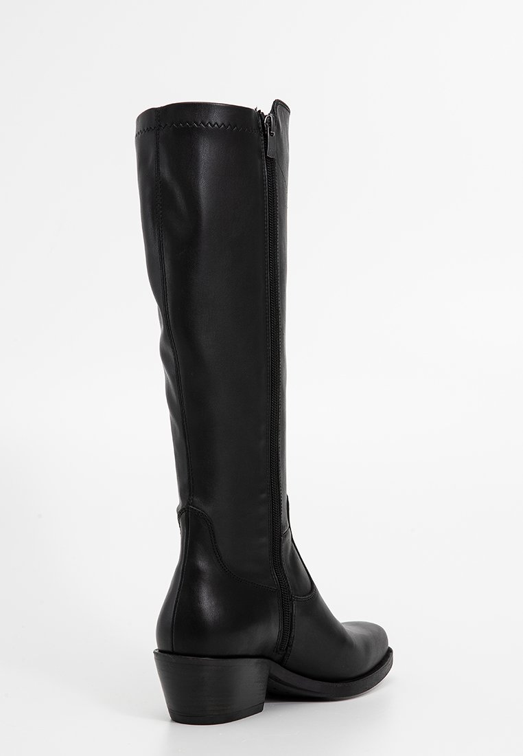 Hochschuh aus schwarzem Leder mit runder Zehenpartie und Blockabsatz. Verfügt über einen durchgehenden seitlichen Reißverschluss und dekorative Nähte oben.