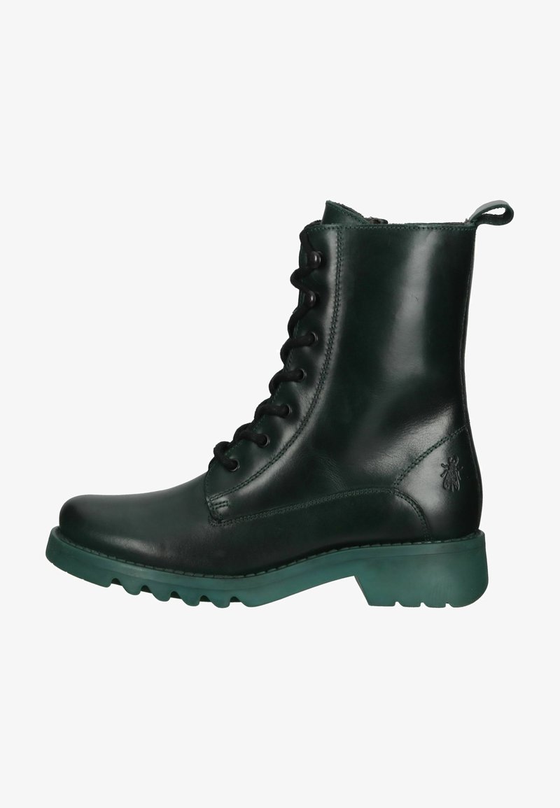 Stivale alla caviglia in pelle verde con finitura liscia, design con lacci, punta rotonda e suola in gomma verde a contrasto. Logo dell'ape ben visibile sul tallone.