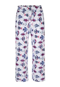Witte stoffen broek met een kleurrijk vissenpatroon in tinten van blauw, rood en paars, voorzien van een elastische tailleband en een relaxte pasvorm.