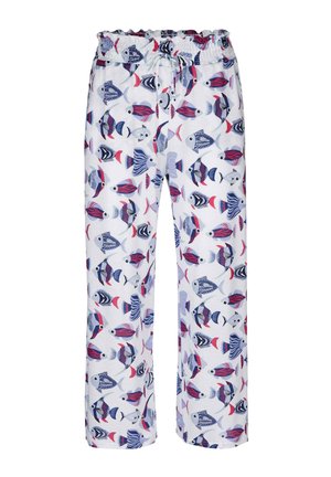 Witte stoffen broek met een kleurrijk vissenpatroon in tinten van blauw, rood en paars, voorzien van een elastische tailleband en een relaxte pasvorm.