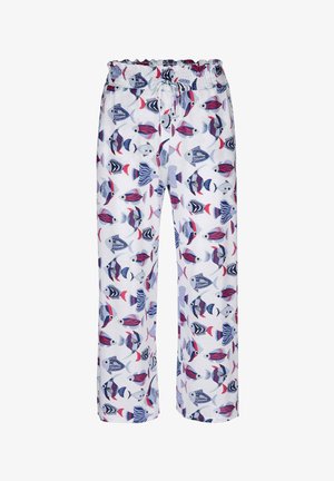 Witte stoffen broek met een kleurrijk vissenpatroon in tinten van blauw, rood en paars, voorzien van een elastische tailleband en een relaxte pasvorm.