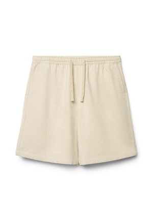 Beige Frottee-Shorts mit elastischem Bund und Kordelzug, ausgestattet mit Seitentaschen und einer lockeren Passform.