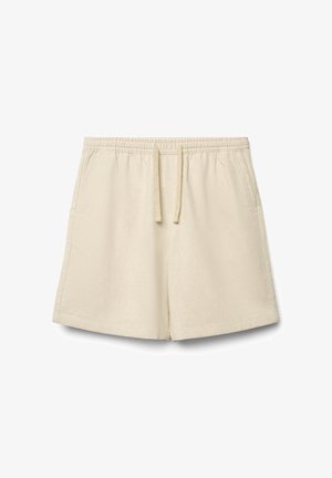 Beige Frottee-Shorts mit elastischem Bund und Kordelzug, ausgestattet mit Seitentaschen und einer lockeren Passform.