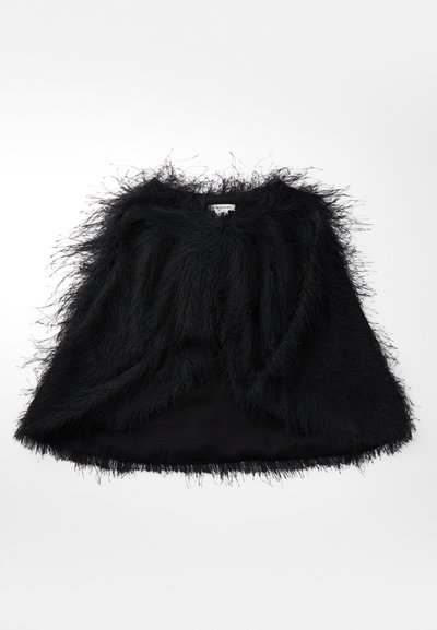 Black feathered cape with a rounded neckline and soft, fluffy texture, laid flat on a white background.