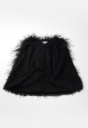 Cape en plumes noires avec un col rond et une texture douce et moelleuse, étalé à plat sur un fond blanc.