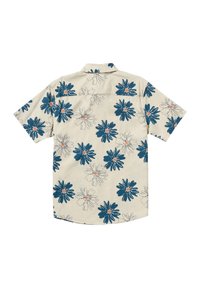 Short-sleeve shirt with a patterned design featuring blue and white flowers on a beige background; soft fabric with a relaxed fit.
