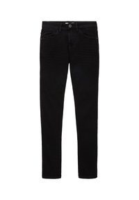 Jeans de mezclilla negra con corte ajustado, diseño clásico de cinco bolsillos, cierre frontal con botón y una textura sutil en la tela.