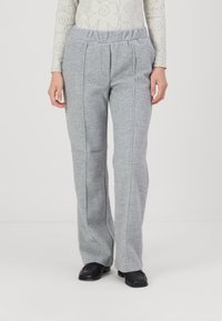 Gray, high-waisted, wool blend pants with a straight leg design. Features visible stitching along the seams and a soft texture.