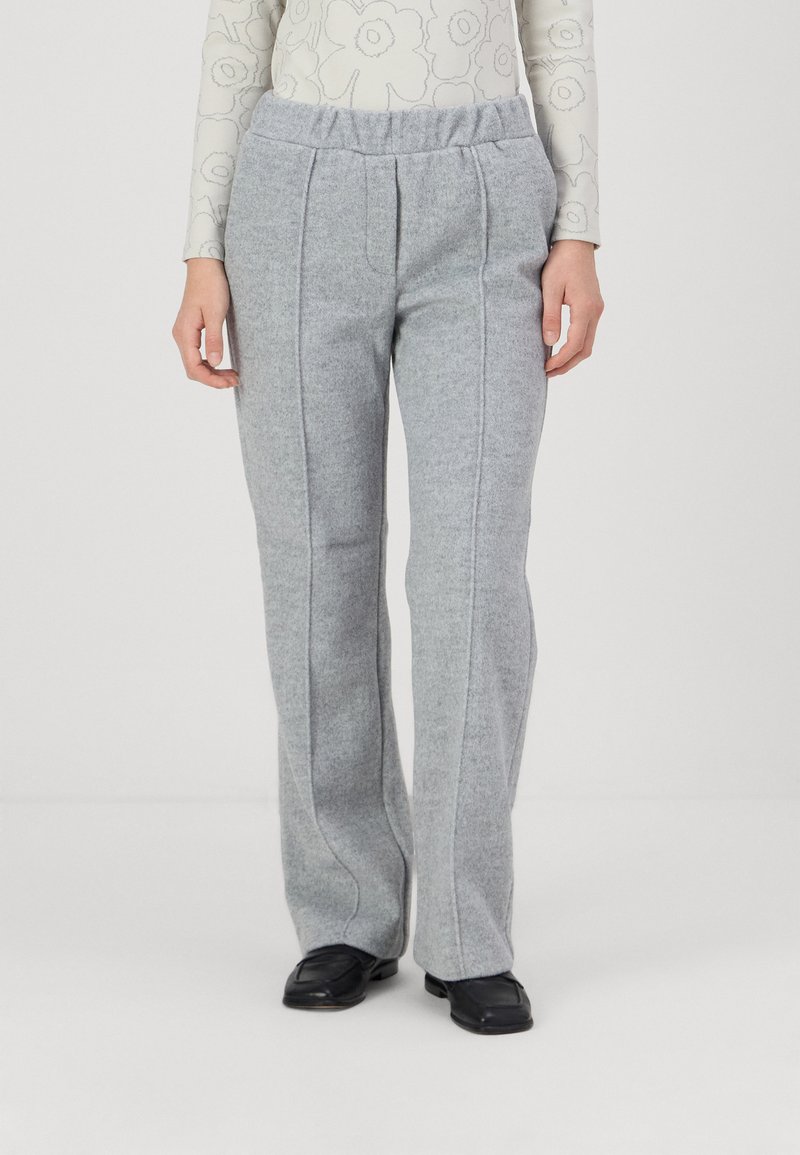 Gray, high-waisted, wool blend pants with a straight leg design. Features visible stitching along the seams and a soft texture.