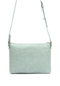 Svetlo modra usnjena torba čez ramo z zadrgo, ravna zasnova, nastavljiv trak in gladka tekstura. Minimalistična, brez vidnih kovinskih dodatkov.