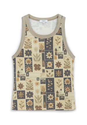 Top in maglia a costine con sfondo beige e vari motivi floreali in marrone e blu scuro. Collo rotondo e fori per braccia larghi.