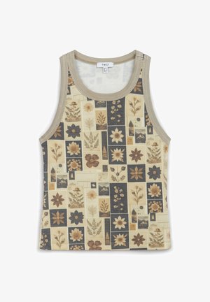 Rippentop mit beigem Hintergrund und verschiedenen floralen Mustern in Braun und Dunkelblau. Rundhalsausschnitt und weite Armausschnitte.