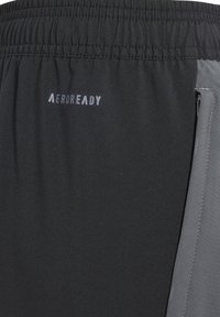 Zwarte sportshorts met een stretchy tailleband, grijze zijpanelen en een "AEROREADY" logo op de achterkant, voorzien van een functionele ritszak.
