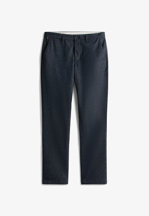Dark blue denim trousers with a straight cut, featuring front pockets, a button closure, and textured fabric. Minimalistic design.