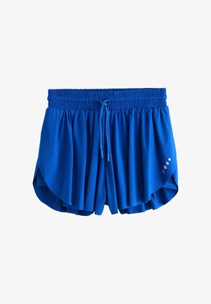 Sinised sportlikud lühikesed püksid elastse vöökohaga ja nööriga, millel on kattuvad külgpaneelid ning vasakul jalal väikesed helkivad täpid.