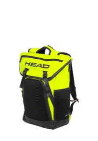 Sac à dos jaune fluo avec un devant en mesh rembourré, des accents noirs, des bretelles réglables et un compartiment supérieur zippé. Design simple et fonctionnel.