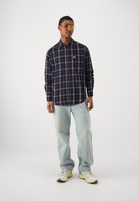 Camicia a maniche lunghe a quadri blu e rosa con chiusura a bottoni, indossata con jeans azzurri chiari e sneakers grigie con accenti gialli. Occhiali con lenti trasparenti.