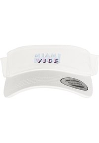 Hvid skyggecap med et blåt og pink "MIAMI VICE" logo. Justerbar bag med flad skygge og struktureret stof.