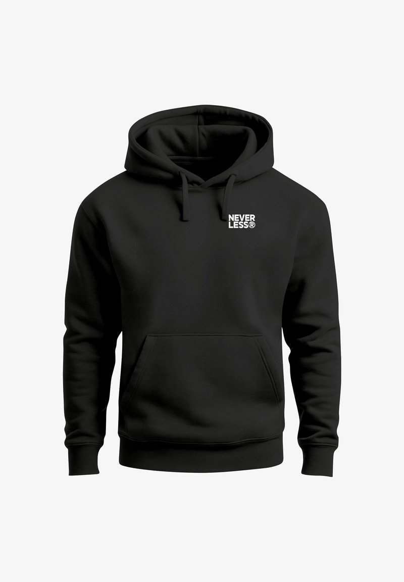 Black hooded sweatshirt made of soft fabric. Features a front pouch pocket and white "NEVER LESS®" logo on the chest. Adjustable drawstring hood.