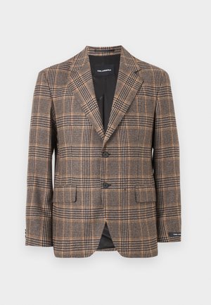 Brown and black plaid blazer with notch lapels, two front buttons, flap pockets, and black lining inside.