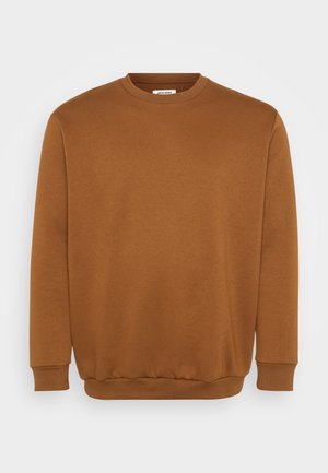 Brown sweatshirt made of soft fabric, featuring a round neck, long sleeves, and ribbed cuffs and hem for a snug fit. Minimal design with no patterns.