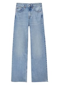 Jeans de mezclilla de tiro alto y pierna ancha de color azul claro con botón frontal, cierre de cremallera y diseño de cinco bolsillos.