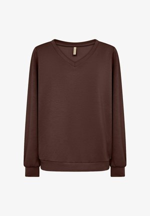 Bruine lange mouwen V-hals t-shirt, zachte stof, ontspannen pasvorm, elastische manchetten, gladde textuur en minimalistisch ontwerp.