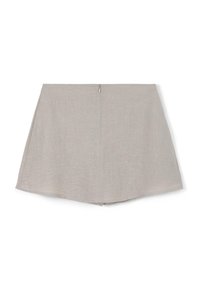 Gonna di lino grigio chiaro con taglio dritto, dotata di chiusura con zip sul retro e una texture liscia. L'orlo è leggermente svasato nella parte inferiore.