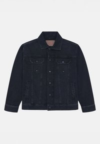 Donkerdenim jack met een kraag, sluiting met knopen aan de voorkant, twee borstzakken, zijzakken en een rechte zoom. Heeft een licht vervaagde textuur.