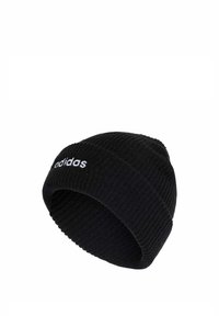 Gorro de lana negro de punto con textura acanalada y puño doblado. Presenta el logo blanco de "adidas" en la parte frontal.