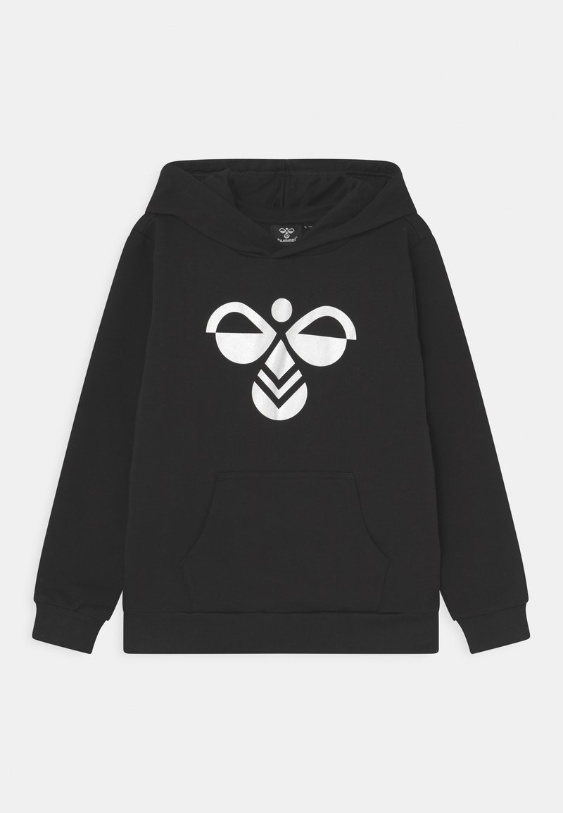 Black hoodie made of soft material, featuring a large white logo on the front, kangaroo pocket, and ribbed cuffs and hem.