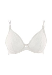 Bela modrček z žičko, prozornimi čipkastimi košaricami, cvetličnim vezenjem, nastavljivimi naramnicami in majhnim trakom na sredini spredaj.