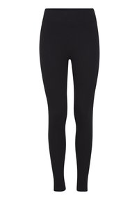 Fekete bordázott leggings sima derékkal, testhezálló fazonnal és teljes hosszúságú kialakítással, rugalmas anyagból készült a kényelem és a rugalmasság érdekében.