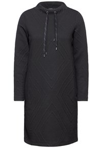 Zwarte hoodie jurk met een gestructureerd ruitpatroon, een trekkoord-halslijn en lange mouwen. Gemaakt van een zachte, dikke stof.
