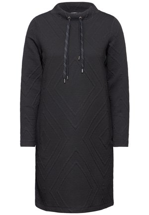 Robe noire à capuche avec un motif en diamant texturé, un col à cordon et des manches longues. Fabriquée en un matériau doux et épais.