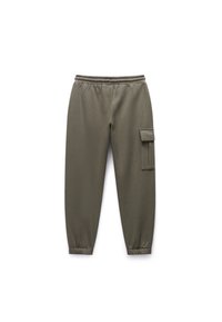 Olivgrüne Sweatpants mit einem elastischen Bund, engen Beinen und einer seitlichen Cargo-Tasche. Hergestellt aus weichem, strukturiertem Stoff.
