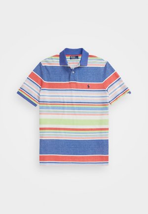 Polo rayé avec des couleurs bleu, rouge, vert et blanc. Manches courtes, col et fermeture à lacets à l'avant. Présente un petit logo sur la poitrine.