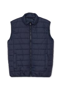 Chaleco acolchado azul marino con cuello alzado, cierre frontal y dos bolsillos laterales. Presenta un diseño acolchado horizontal para aislamiento.