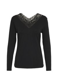 Maglia nera a maniche lunghe con scollo a V, caratterizzata da un accento in pizzo sul collo. Realizzata in tessuto morbido con una texture liscia.