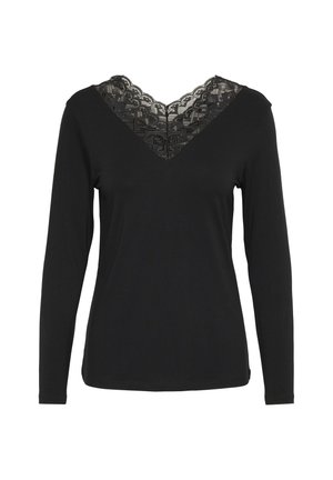 Maglia nera a maniche lunghe con scollo a V, caratterizzata da un accento in pizzo sul collo. Realizzata in tessuto morbido con una texture liscia.