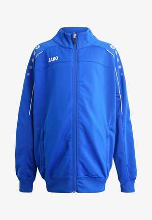 Blue sports jacket made of breathable fabric, featuring a high collar, white accents, and grey circular patterns on the shoulders. Front zip closure.