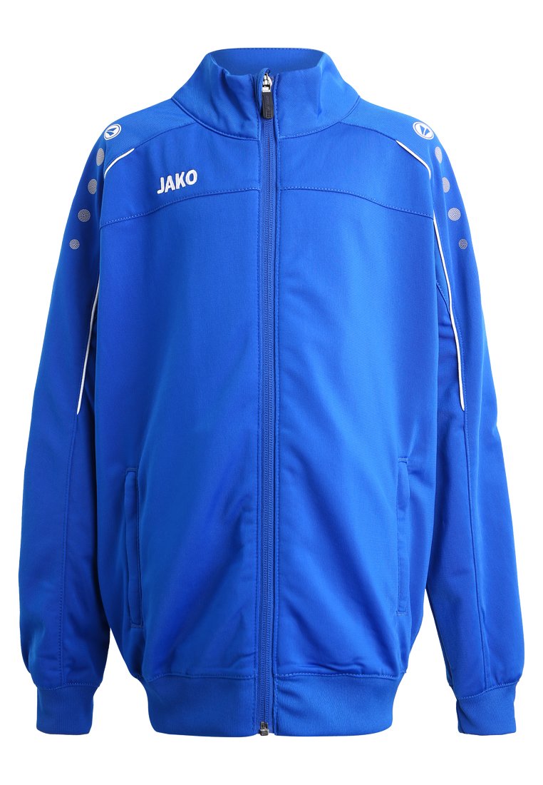 Blazer in Blau aus atmungsaktivem Stoff, mit hohem Kragen, weißen Akzenten und grauen, runden Mustern auf den Schultern. Mit Reißverschluss vorne.