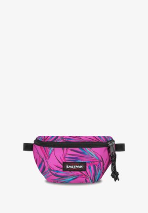 Pink fabric fanny pack with a leaf pattern in blue and green, featuring a black zipper and adjustable strap. Eastpak logo patch displayed.