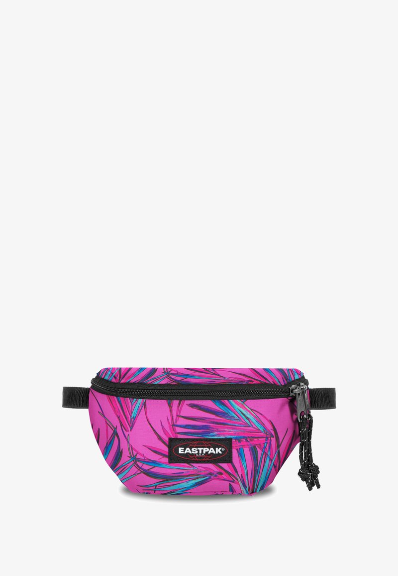 Marsupio in tessuto rosa con motivo a foglie blu e verdi, dotato di una cerniera nera e una tracolla regolabile. Patch con il logo Eastpak esposto.