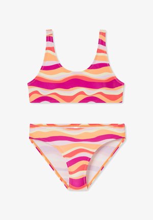 Tweedelige bikiniset met een kleurrijk golfpatroon in roze, oranje en geel. Gemaakt van rekbare stof met een zachte textuur.